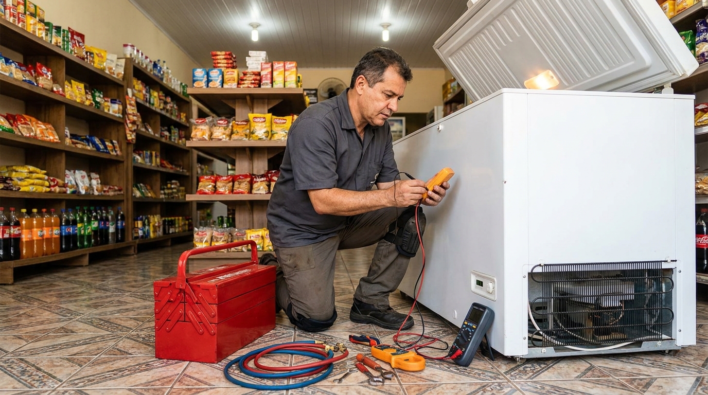 Recarga de gás refrigerante em freezer em atendimento no Aclimação, Uberlândia‑MG