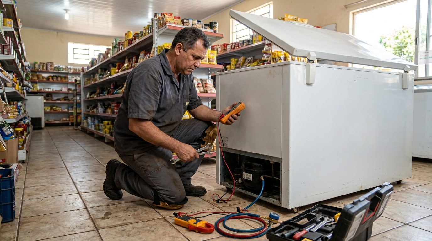 Troca de termostato de freezer em atendimento técnico no Aclimação, Uberlândia‑MG